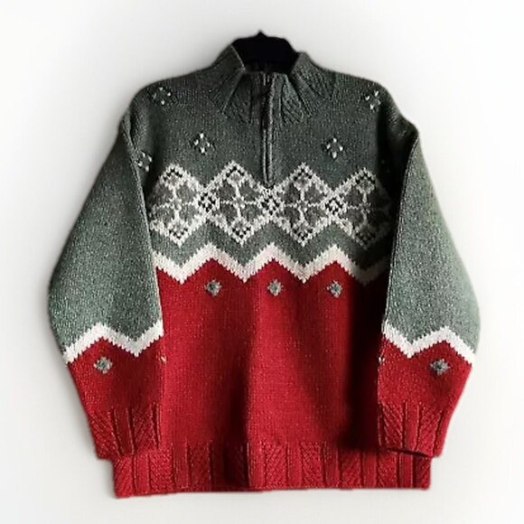 Willie Collection Cowichan Wool Sweater Red,‎ Green Size Small - Picture 3 of 7